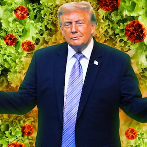 A photo illustration illo of Trump standing front of lettuce and the Cyclospora parasite.