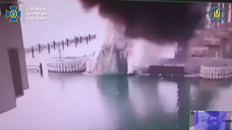 Video footage of the Kerch Bridge, which connects Russia to Crimea, getting hit by Ukrainian explosives.
