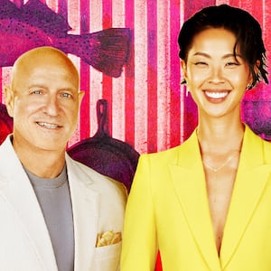 A photo illustration of Tom Colicchio, Kristen Kish, Gail Simmons of Top Chef for the Obsessed Podcast.