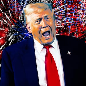 A photo illo illustration of Donald Trump and fireworks.