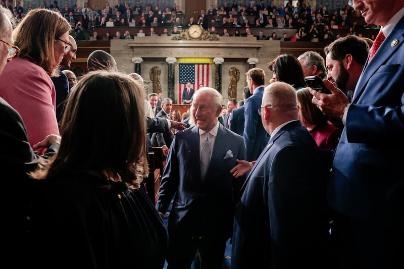Britain's King Charles leaves after his address to a joint meeting of Congress in the House Chamber of the U.S. Capitol in Washington, D.C., U.S., April 28, 2026. REUTERS/Kylie Cooper/Pool