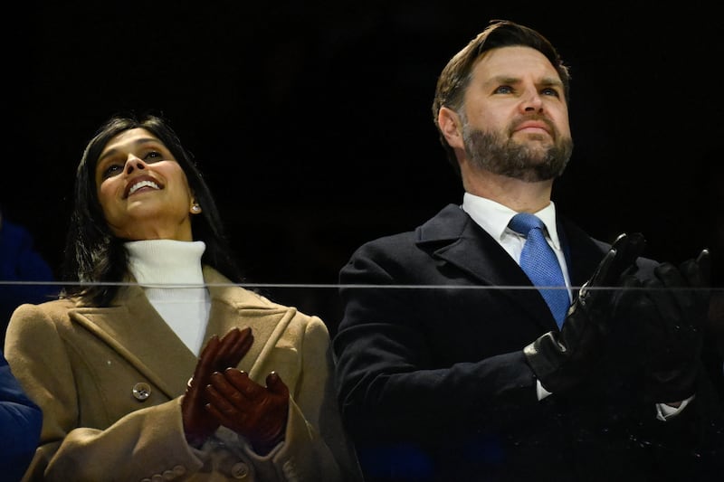 US second lady Usha Vance and US Vice President JD Vance attend the opening ceremony of the Milano Cortina 2026 Winter Olympic Games at the San Siro stadium in Milan, northern Italy, on February 6, 2026. (Photo by WANG Zhao / AFP via Getty Images)