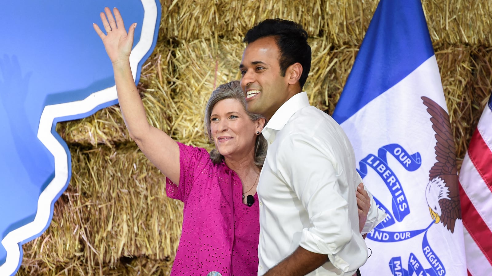 U.S. Republican presidential candidate Vivek Ramaswamy and U.S. Senator Joni Ernst.