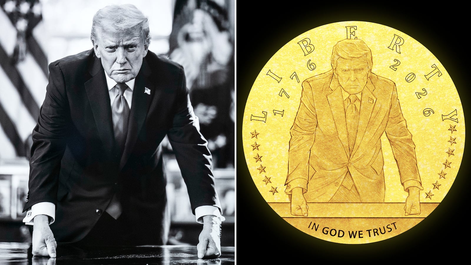 Donald Trump portrait by Daniel Torok and the design for commemorative Trump coin in 24-karat gold.