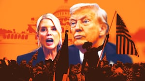 Pam Bondi, Donald Trump, with an image from the January 6, 2021 insurrection