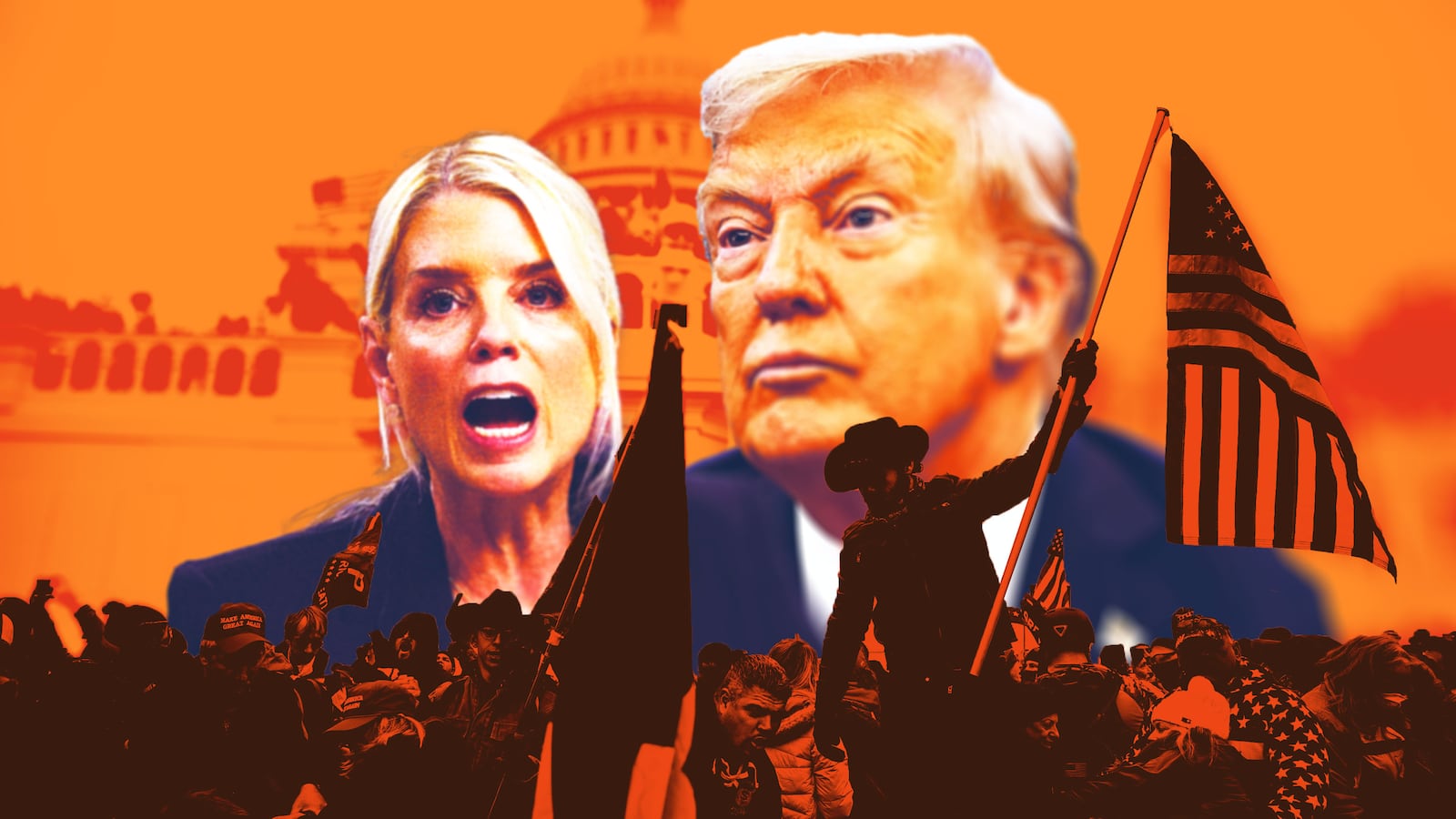 Pam Bondi, Donald Trump, with an image from the January 6, 2021 insurrection