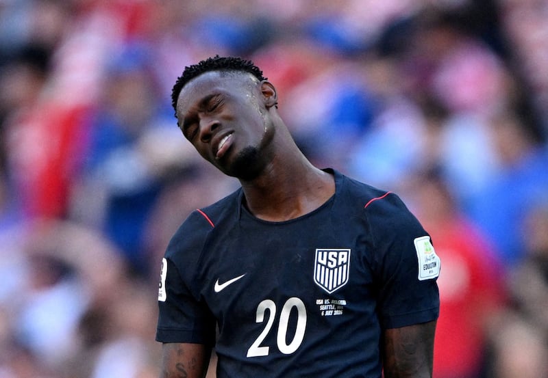 Soccer Football - FIFA World Cup 2026 - Round of 16 - United States v Belgium - Seattle Stadium, Seattle, Washington, U.S. - July 6, 2026 Folarin Balogun of the U.S. looks dejected after Belgium's Hans Vanaken scores their third goal IMAGN IMAGES via Reuters/Troy Wayrynen     TPX IMAGES OF THE DAY