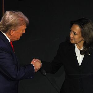 Donald Trump and Kamala Harris shake hands before Tuesday’s debate.