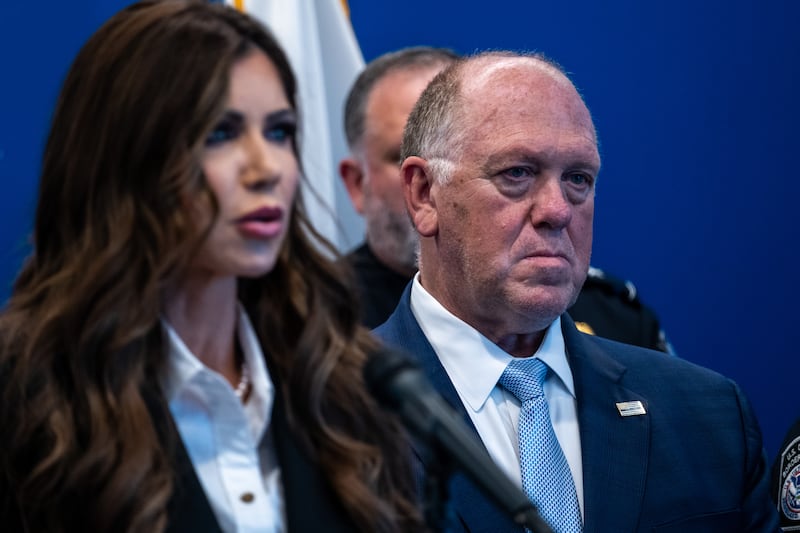 Border czar Tom Homan joins Homeland Security Secretary Kristi Noem at a news conference in New York on July 21, 2025 in New York City.