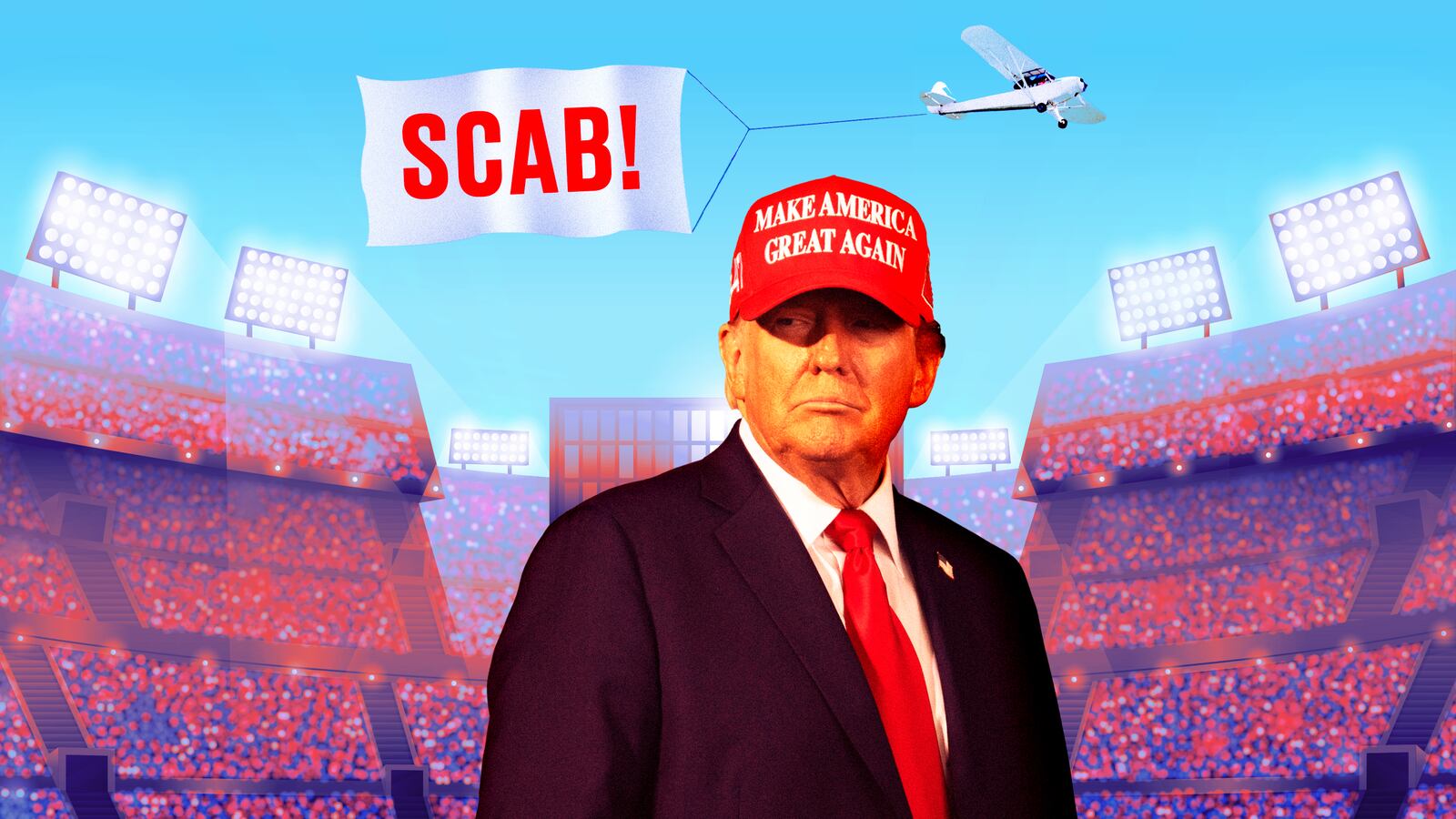 Photo illustration of Donald Trump and a banner that says Scab at a sports game.