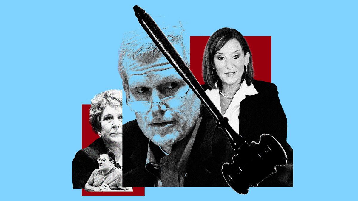 A photo illustration showing Alex Murdaugh, Neil Gordon, Becky Hill and Lori Murray.