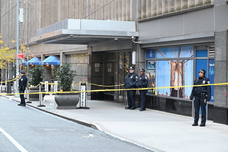 MANHATTAN, NEW YORK, UNITED STATES - DECEMBER 4: Police officers take security measures as CEO of UnitedHealthcare Brian Thompson shot and killed in Midtown Manhattan, New York, United States on December 4, 2024. The CEO of UnitedHealthcare was killed in a Midtown shooting near a hotel on 54th Street between 6th and 7th Avenues.. (Photo by Kyle Mazza/Anadolu via Getty Images)