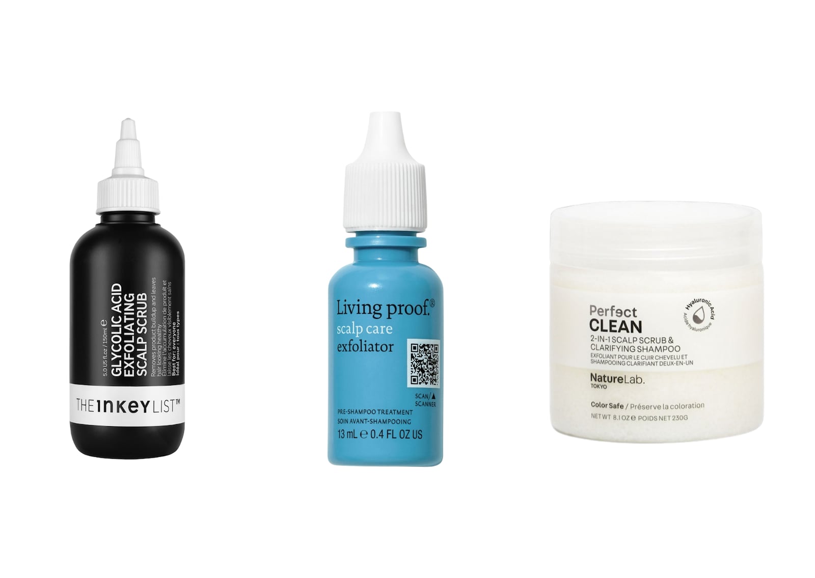 The Inkey List Glycolic Acid Scalp Scrub, Living Proof Scalp Care Exfoliator, and Nature Lab Perfect Clean 2-in-1 Scalp Scrub &I Clarifying Shampoo
