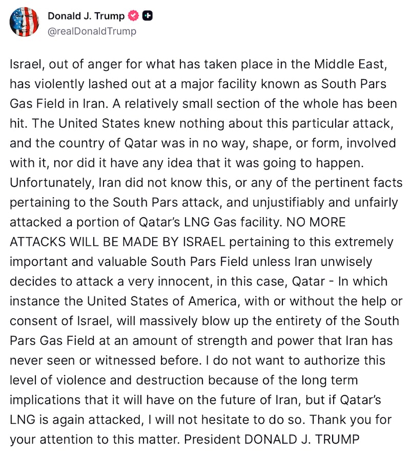 Donald Trump posts about Israel's strike in Iran.