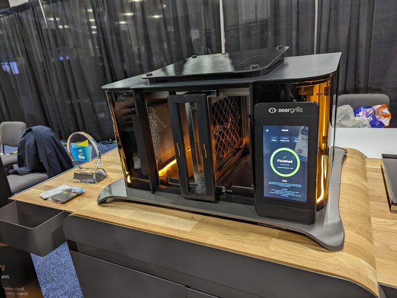 Perfecta, a grill from Seer Grill that uses AI to perfectly cook a steak in less than three minutes. 