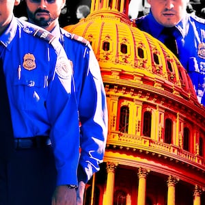 A photo illustration of TSA agents walking and the U.S. Capitol building.