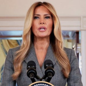 U.S. first lady Melania Trump delivers remarks regarding the late financier and convicted sex offender Jeffrey Epstein from the Grand Foyer of the White House in Washington, D.C., U.S., April 9, 2026. REUTERS/Evan Vucci