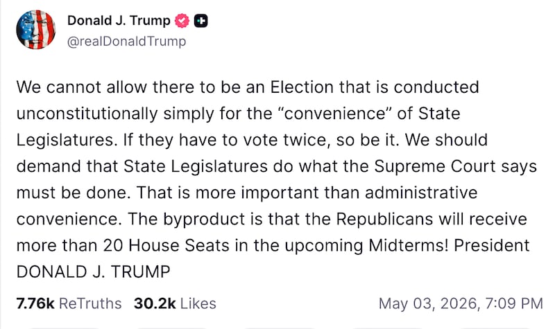 Donald Trump calls for rigged congressional maps for the upcoming mid-terms.