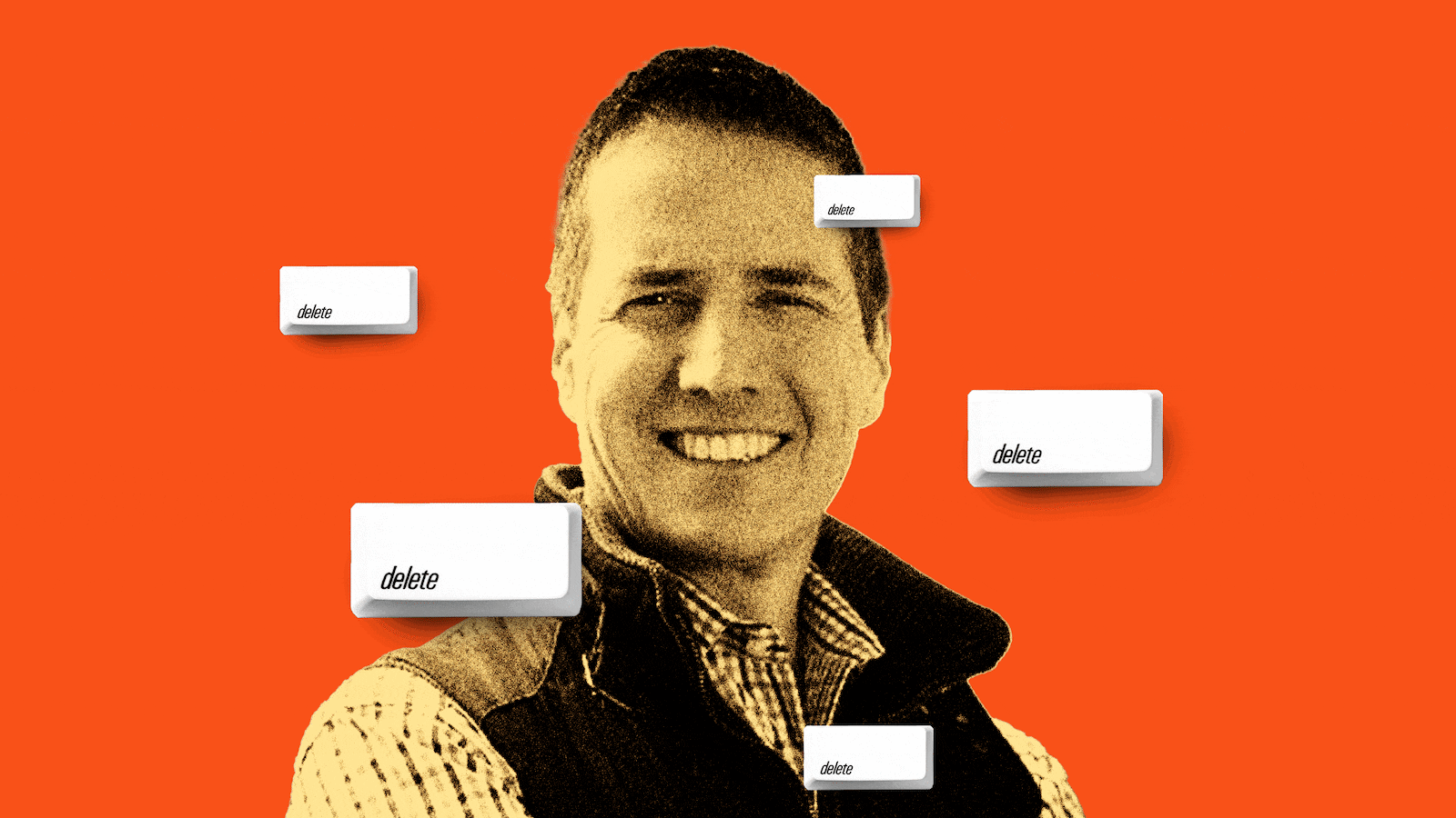 A photo illustration of Bernie Moreno on an orange background with delete buttons going up and down around him