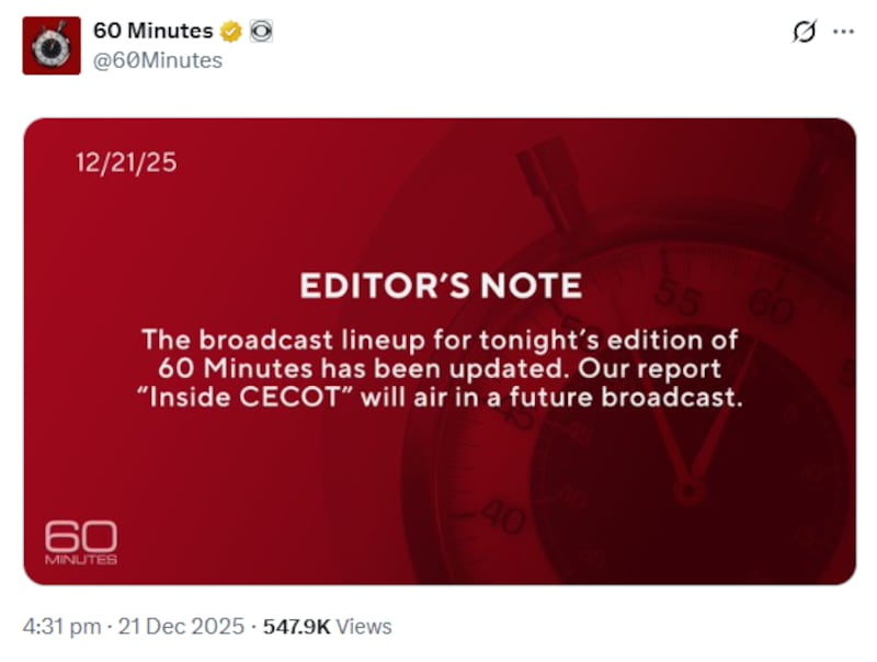 '60 Minutes' announced the last-minute scheduling change less than three hours before the show was set to air.