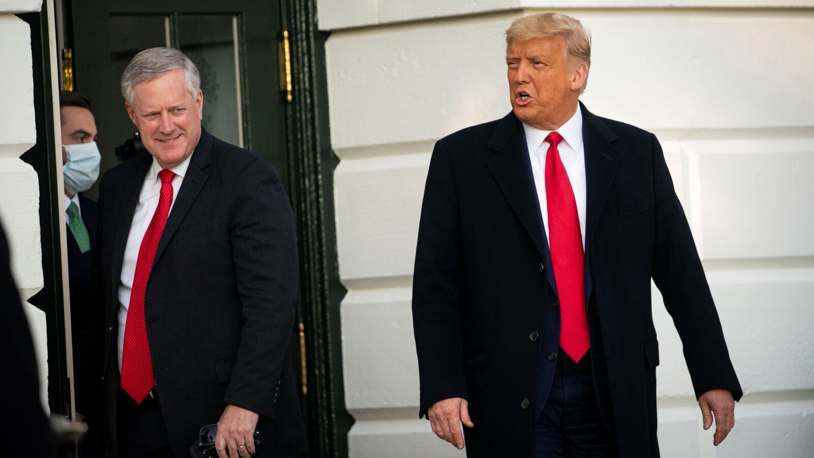 President Donald Trump departs with White House chief of staff Mark Meadows from the White House, Oct. 21, 2020.
