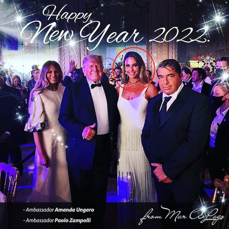 L-R: Melania Trump, Donald J. Trump, Amanda Ungaro, and Paolo Zampolli at a New Year gala.