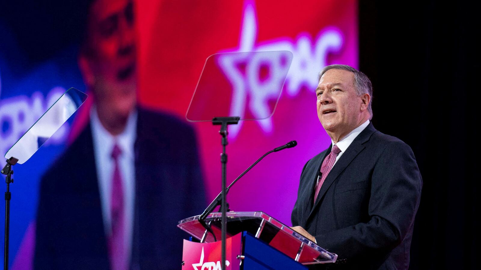 Mike Pompeo speaks at a podium at the Conservative Political Action Conference.