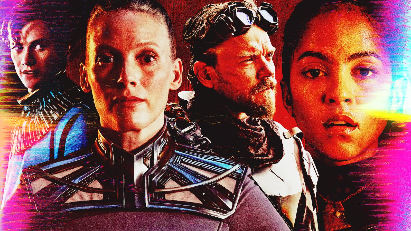 Cassian Bilton, Laura Birn, Pilou Asbæk, and Lu Llobell in Foundation Season 3.