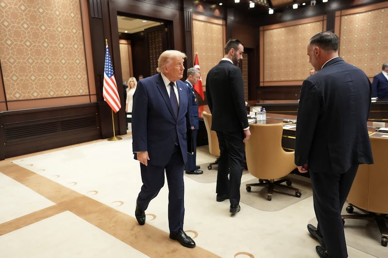 U.S. President Donald Trump looks on the day he meets with Turkish President Recep Tayyip Erdogan at the Bestepe Presidential Compound in Ankara, Turkey, Tuesday, July, 7, 2026.