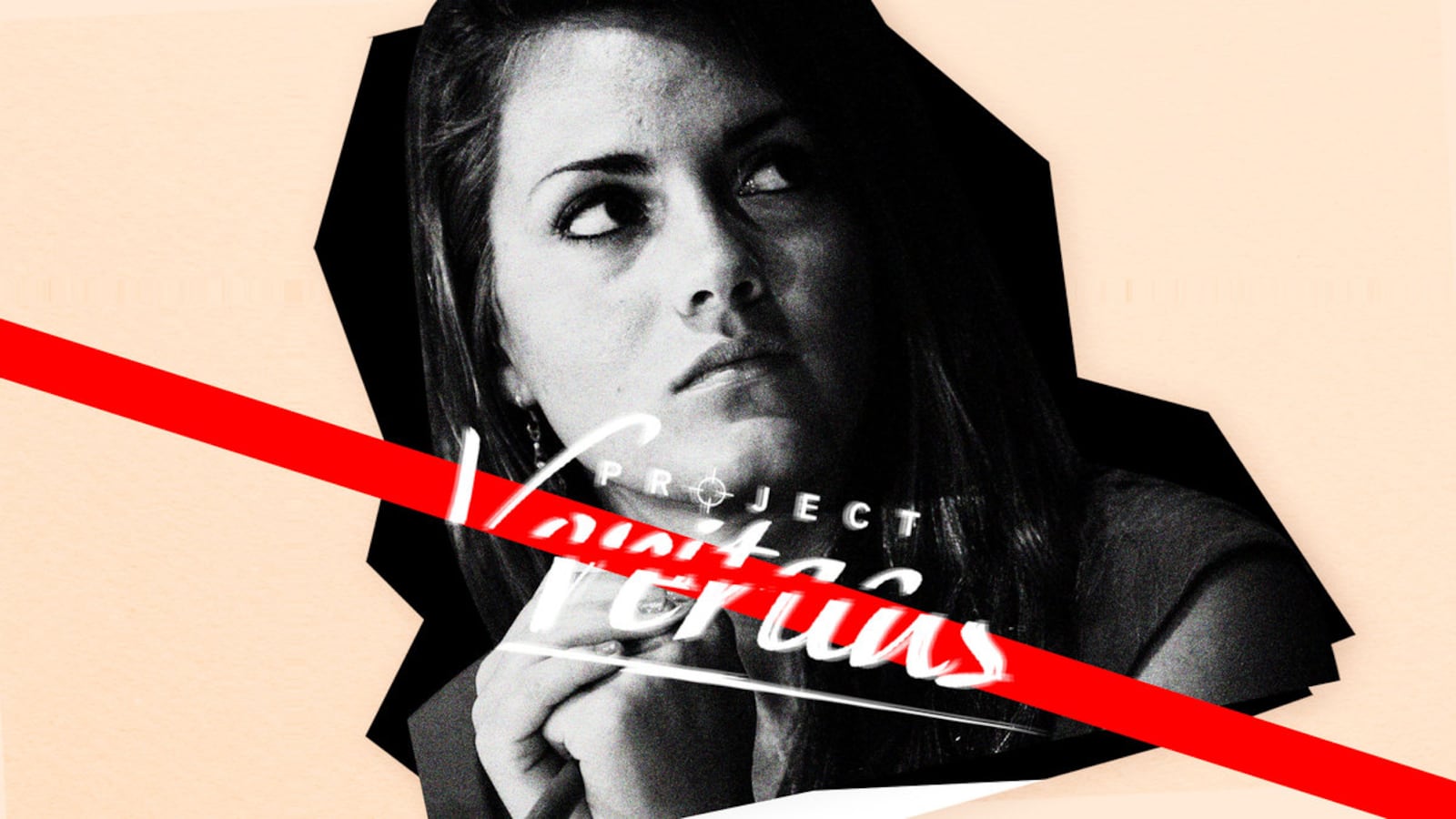 A photo illustration showing Hannah Giles, the CEO of Project Veritas, behind a fractured Project Veritas logo.