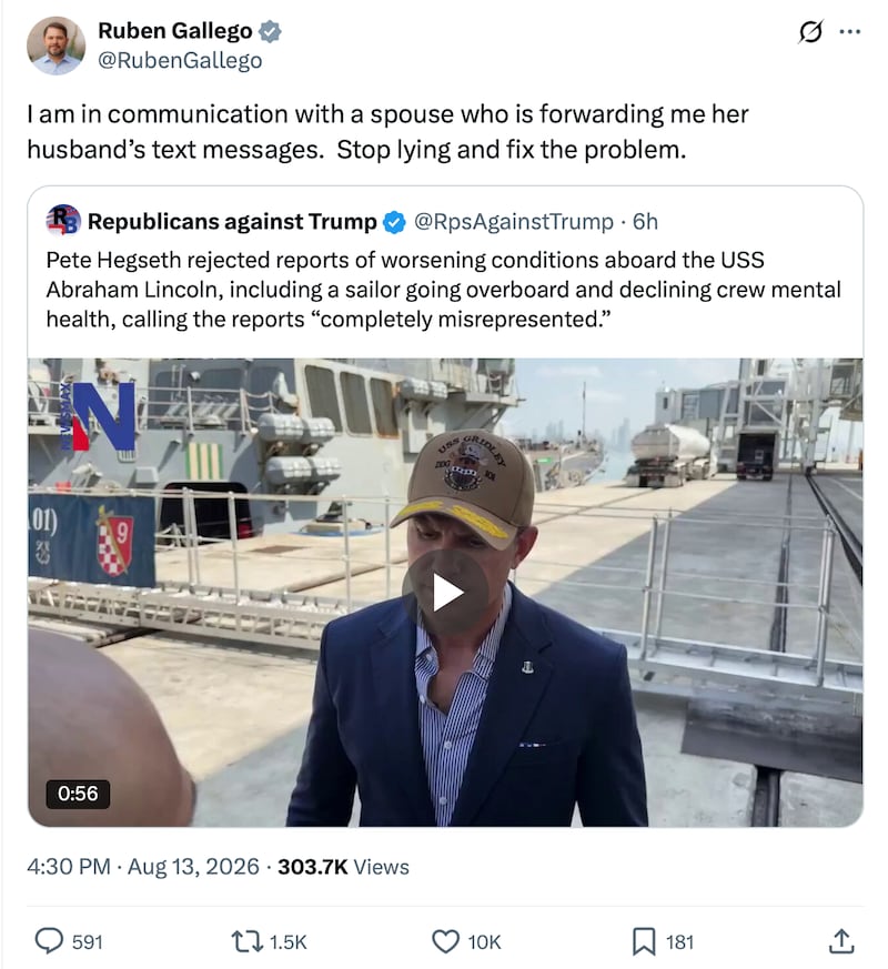 Gallego accused Defense Secretary Hegseth of "lying" about the USSS Abraham Lincoln, and demanded he "fix the problem."