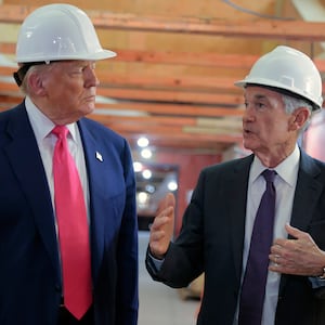 President Donald Trump and Federal Reserve Chair Jerome Powell tour the Federal Reserve headquarters renovation project on July 24, 2025 ahead of the Justice Department launching a criminal probe into the Fed.