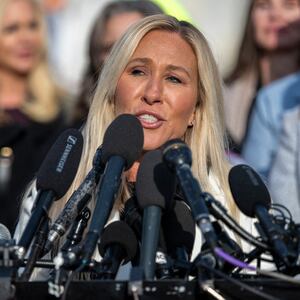 Representative Marjorie Taylor Greene speaks during a press conference on the "Epstein Files Transparency Act" at the U.S. Capitol in Washington, DC on November 18, 2025 ahead of the vote in the House.