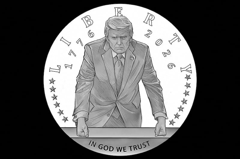 A Semiquincentennial commemorative gold coin design featuring U.S. President Donald Trump, in this undated handout image.