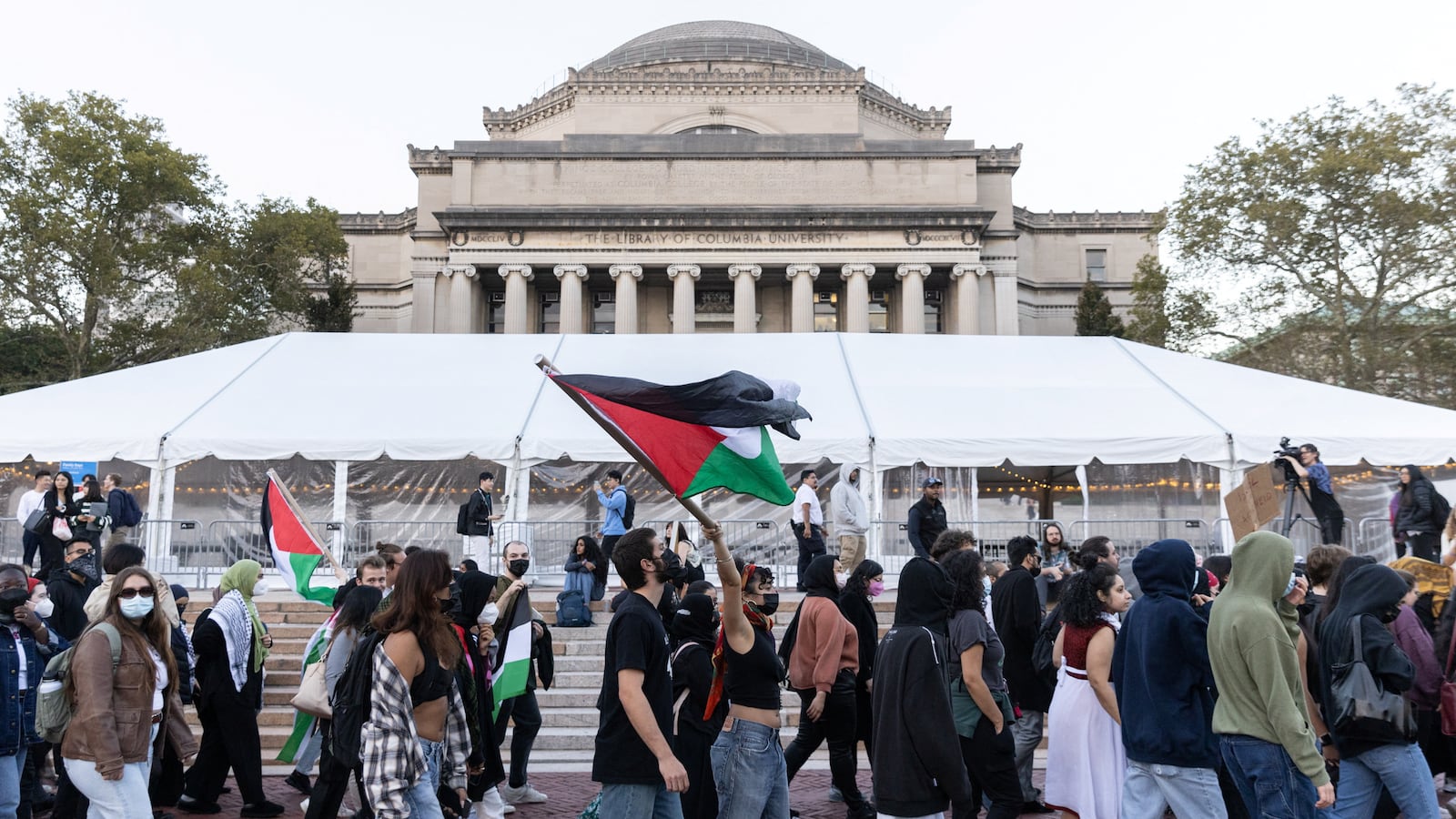 Pro-Palestinian students take part in a protest in support of the Palestinians amid the ongoing conflict in Gaza, at Columbia University
