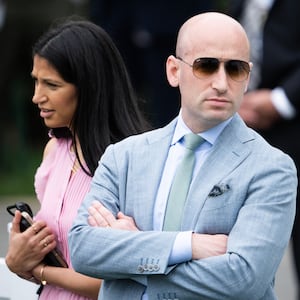 Stephen Miller, White House deputy chief of staff, and his wife, Katie Miller attend the White House Easter Egg Roll on Monday, April 21, 2025.