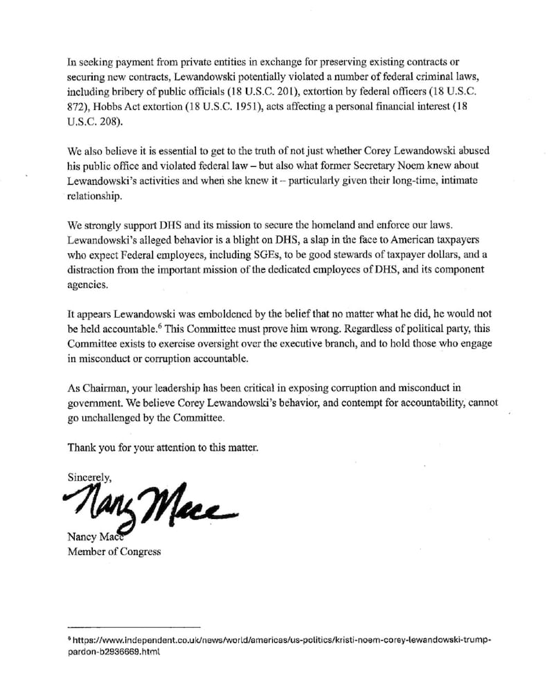 Nancy Mace's letter to the Oversight Committee regarding allegations of corruption at DHS involving Corey Lewandowski.