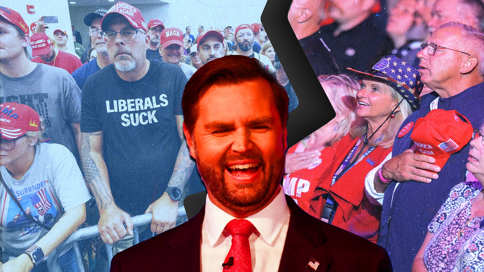 Photo illustration of JD Vance surrounded by MAGA supporters