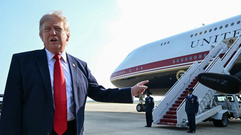 US President Donald Trump speaks to the press before he boards Air Force One for his first flight aboard the Boeing 747-8 that Qatar gifted the United States to use for executive travel, at Joint Base Andrews, in Maryland, July 1, 2026. President Trump is traveling to Medora, North Dakota to participate in the Theodore Roosevelt Presidential Library Opening Ceremony. (Photo by SAUL LOEB / AFP via Getty Images)