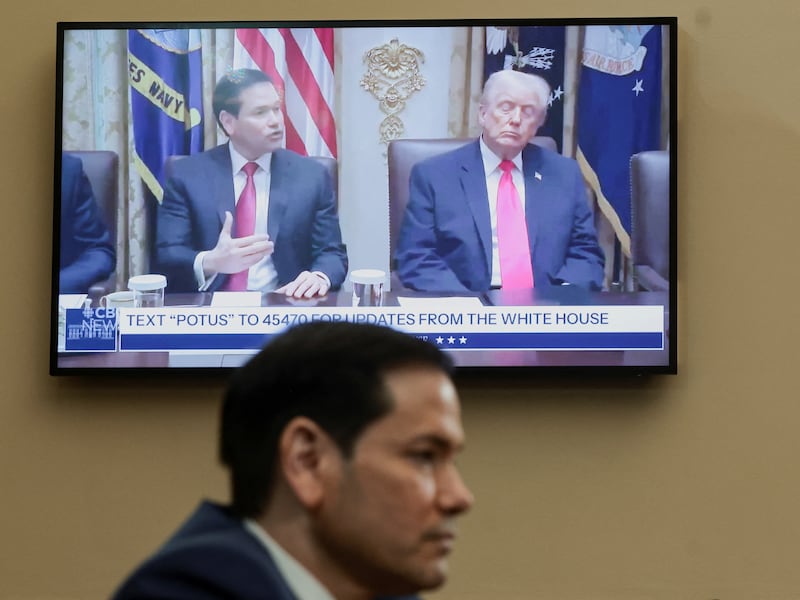 U.S. Secretary of State Marco Rubio watches a video showing him and U.S. President Donald Trump, as he is being questioned at a U.S. House Foreign Affairs Committee hearing on President Donald Trump's Fiscal Year 2027 budget request for the Department of State, on Capitol Hill in Washington, D.C., U.S., June 3, 2026. REUTERS/Evelyn Hockstein