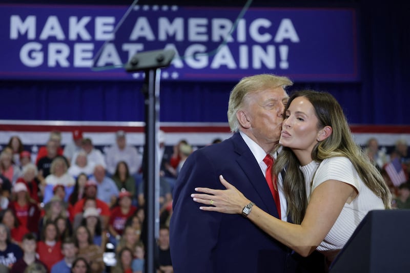 President Donald Trump and Margo Martin participate in a midterm election rally for Oklahoma Republican gubernatorial candidate Mike Mazzei at the Choctaw Event Center in Durant, Oklahoma, US, October 1, 2026.