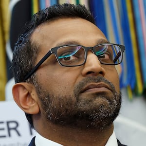 WASHINGTON, DC - OCTOBER 15: Director of the Federal Bureau of Investigation Kash Patel attends a press conference with President Donald Trump in the Oval Office of the White House on October 15, 2025 in Washington, DC. Trump and Patel provided an update on the Trump administration’s progress in reducing violent crime.