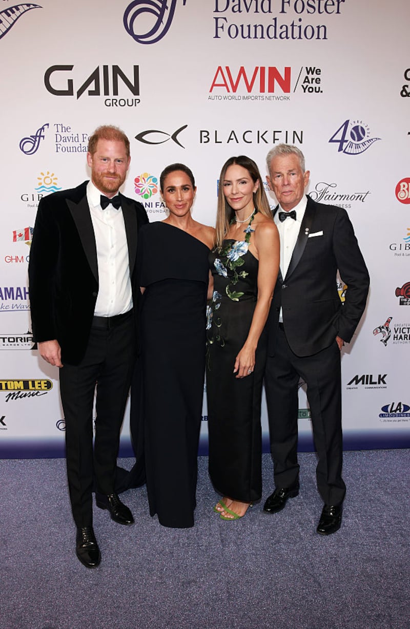 VICTORIA, BRITISH COLUMBIA - AUGUST 07: (L-R) Prince Harry, Duke of Sussex, Meghan, Duchess of Sussex, Katharine McPhee and David Foster attend the David Foster Foundation 40th Anniversary Celebration on August 07, 2026 in Victoria, British Columbia. (Photo by Vito Amati/The David Foster Foundation via Getty Images)