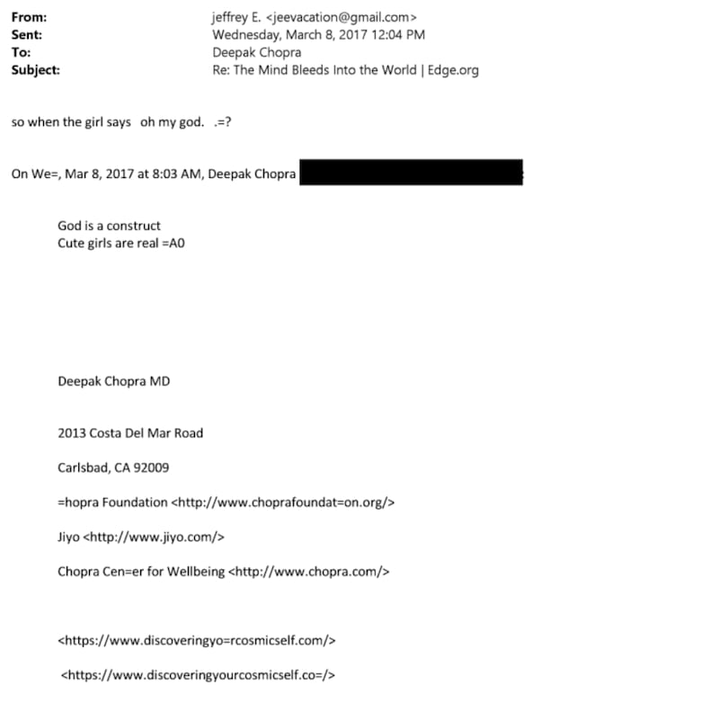 Emails in the Epstein Files between Deepak Chopra and Jeffrey Epstein.