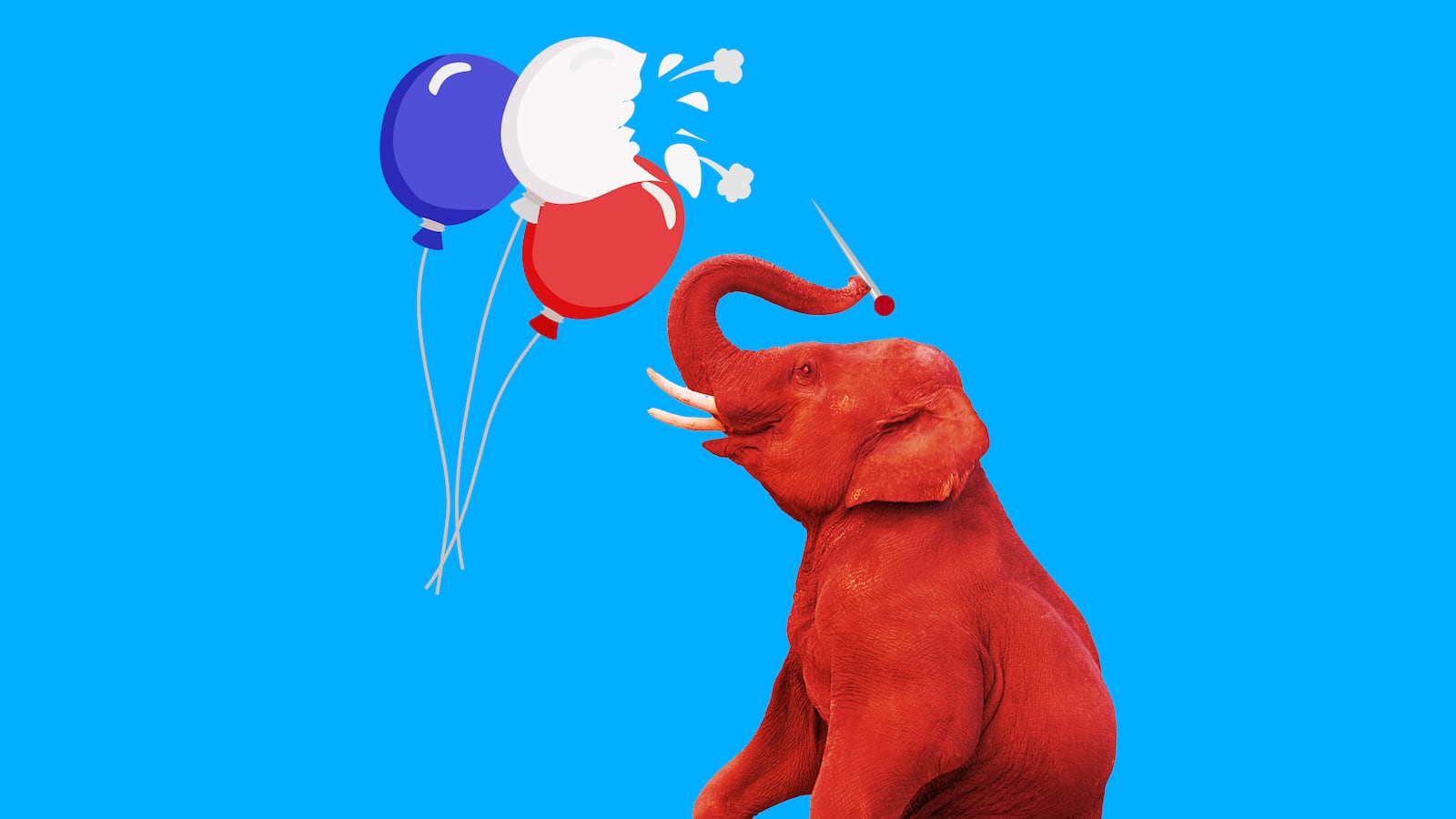 A photo illustration of a red elephant popping balloons.