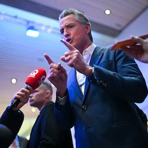 US Governor of California Gavin Newsom speaks to the press on the sidelines of the World Economic Forum (WEF) annual meeting in Davos on January 20, 2026. The World Economic Forum takes place in Davos from January 19 to January 23, 2026. (Photo by Fabrice COFFRINI / AFP via Getty Images)