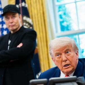 US President Donald Trump speaks during a news conference with Elon Musk (L) in the Oval Office of the White House in Washington, DC,