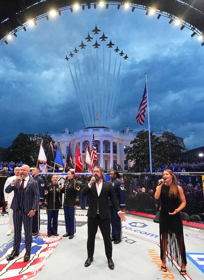 The Zak Brown Band and the United States Marine Band perform the national anthem during the UFC Freedom 250 event on the South Lawn at the White House on June 14, 2026 in Washington, DC.