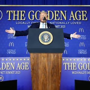 WASHINGTON, DC - NOVEMBER 17: U.S. President Donald Trump delivers remarks at the McDonald’s Impact Summit at the Westin DC Downtown on November 17, 2025 in Washington, DC. Trump spoke on the economy and highlighted his One Big Beautiful Bill Act, including its provisions for tax breaks on tips and overtime as he addressed the group of McDonald’s restaurant franchise owners. (Photo by Win McNamee/Getty Images)
