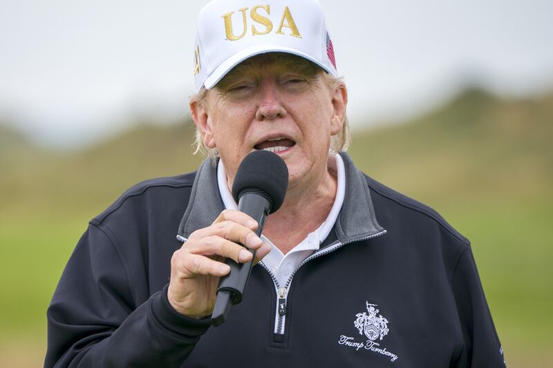 US President Donald Trump on the first tee of the New Course, the second championship course at Trump International Golf Links, on the Menie Estate in Balmedie, Aberdeenshire.